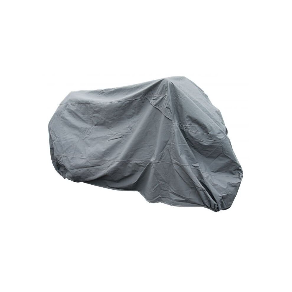 Large grey PVC rain cover designed for bikes, featuring elastic hems for a snug fit and a durable, waterproof material to protect against the elements.