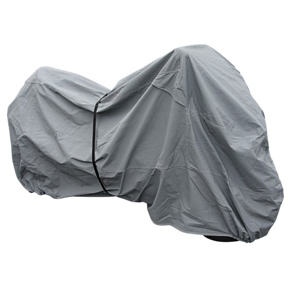 Premium grey motorcycle rain cover made of durable material, designed to fit bikes up to 600cc, featuring an elastic hem for secure fit.