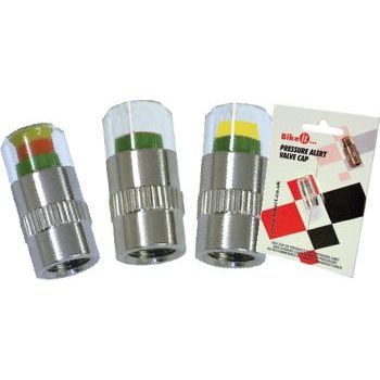 Three metallic pressure alert valve caps with transparent tops, featuring colored indicators (red, yellow, green) for PSI range, alongside a packaging card from Bike-It.