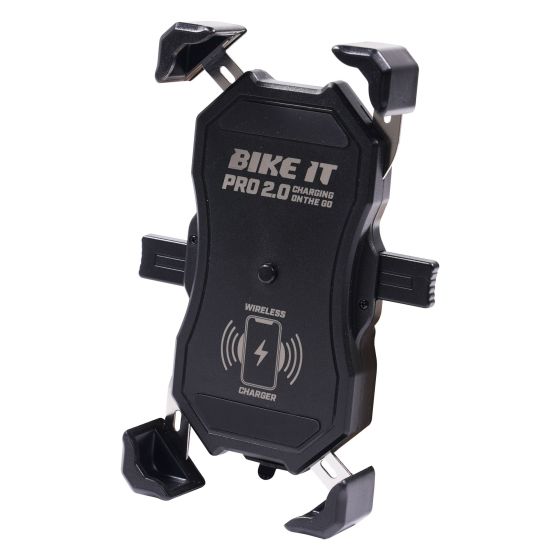 Black wireless phone charger cradle with adjustable grips, featuring a prominent "BIKE IT PRO 2.0" logo and a charging symbol, designed for easy attachment to bikes.