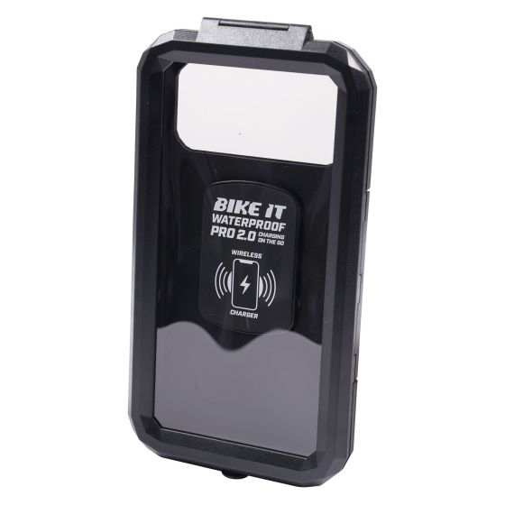 Black waterproof wireless phone charger with USB-C, featuring a sleek design, prominent logo, and charging symbol, ideal for outdoor use.