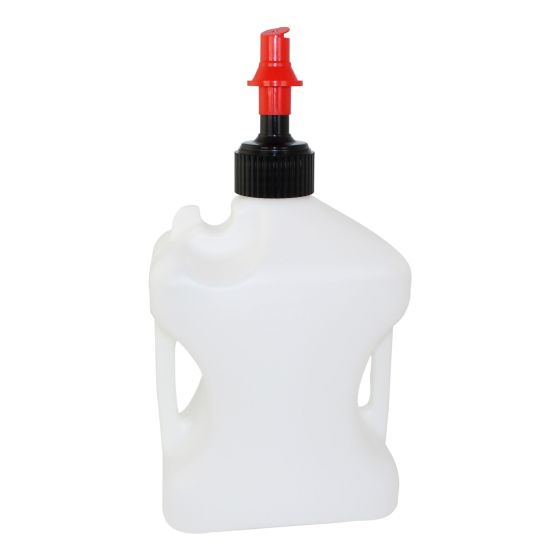 White 20-litre fuel jug with a red spout and black cap, featuring ergonomic handles for easy carrying and a sturdy plastic construction.