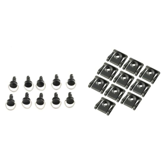 Black plastic bike fairing fasteners with rivet type design, featuring a pack of 10 pieces, each measuring 14 mm, arranged neatly on a white background.