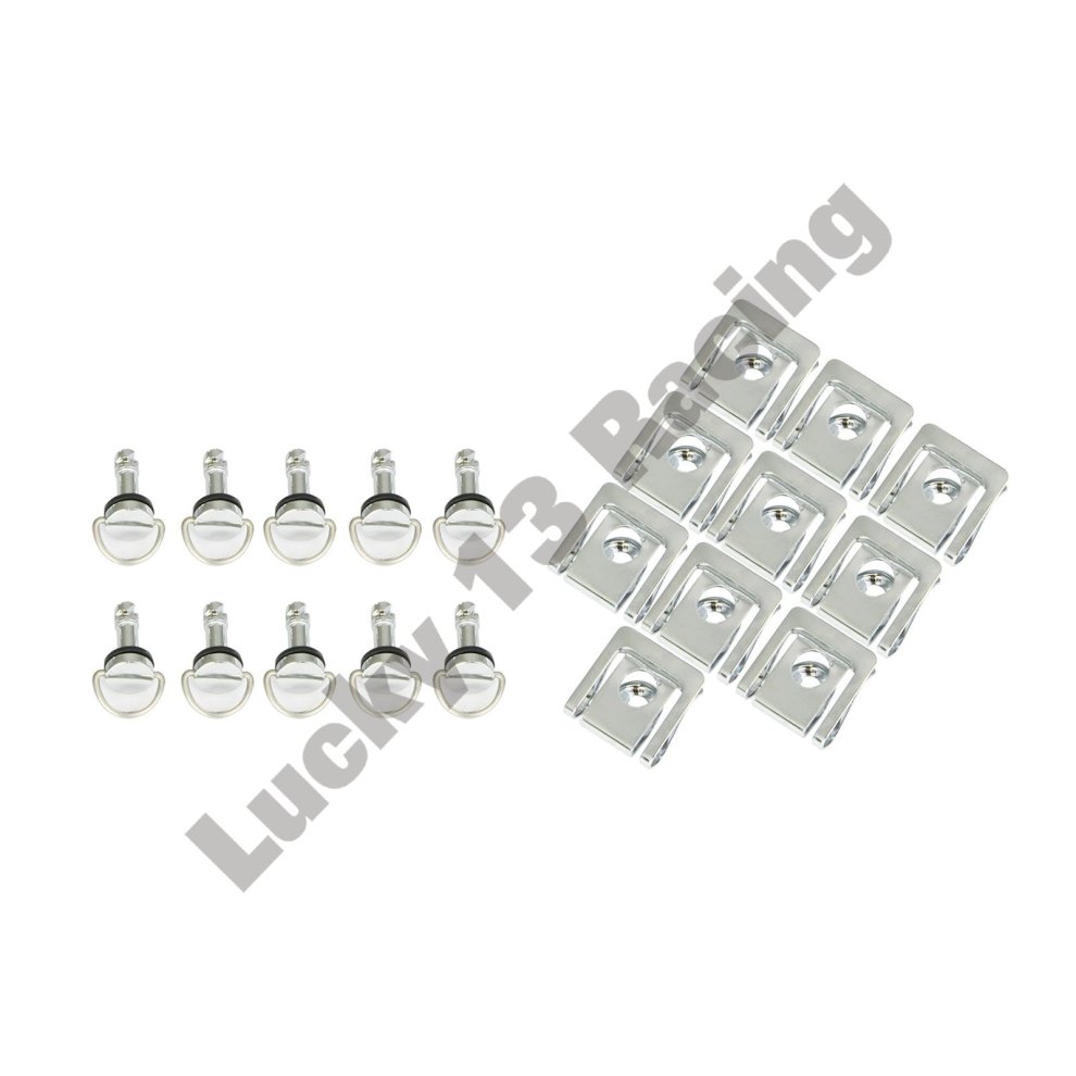 Silver quick release fairing fasteners made of metal, featuring a slip-on design with 14 mm size, packaged as a set of 10, including rounded heads and flat bases.