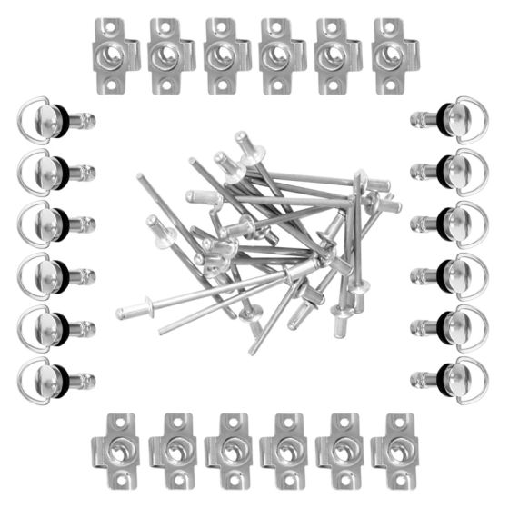 Black 19mm quick release fairing fasteners by Bike-It, featuring metal construction with slip-on design, packaged in a set of 10 with various fastener shapes and sizes.