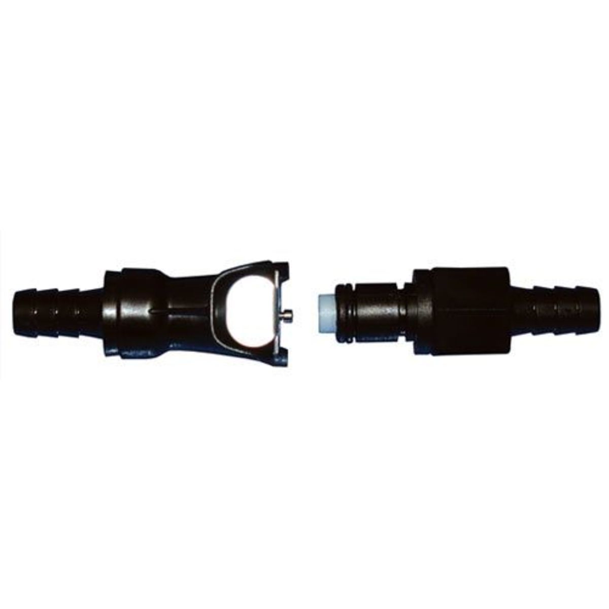 Black plastic fuel line quick coupler with two connecting ends, featuring a smooth finish and an 8 mm diameter, designed for easy fuel line connections.