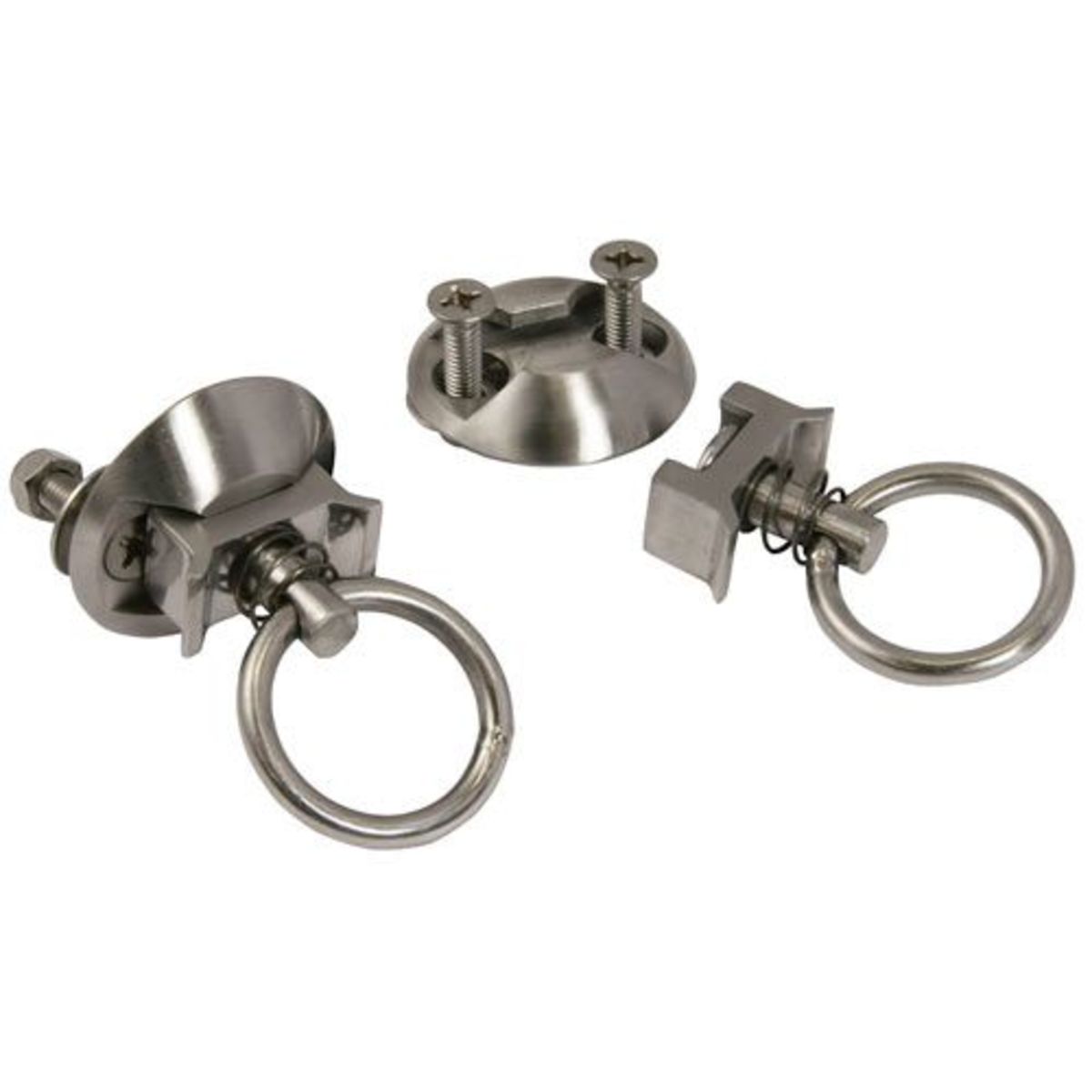 Two stainless steel quick release tiedown anchors with circular bases and metal rings, designed for secure bike storage or transport.