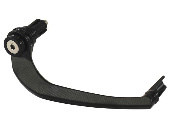 Black brake lever control guard with a sleek design, featuring a textured grip and a metallic adjustment screw, designed for enhanced bike performance.