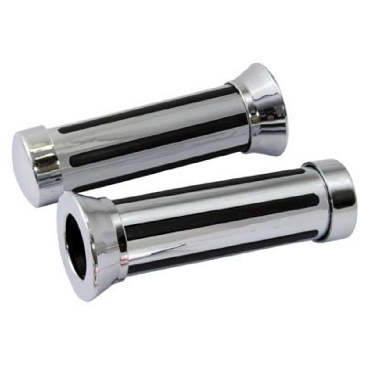 Chrome handlebar grips with a rail type design, featuring black rubber inserts and flared ends, measuring 22 mm for the left and 25 mm for the right side.