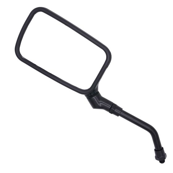 Black rectangular motorcycle mirror with a 10 mm standard thread, featuring a sleek plastic frame and a curved arm for easy adjustment, designed for universal fit.
