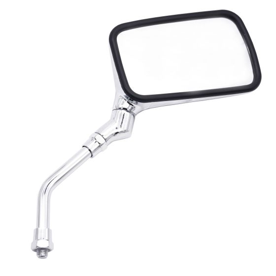 Chrome rectangular motorcycle mirror with a black rubber edge, featuring a 10 mm standard thread, designed for easy installation as a pair.