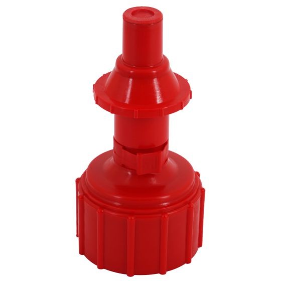 Red plastic replacement fuel cap for Fast Flow fuel can, featuring a tapered spout and ribbed grip for easy handling.