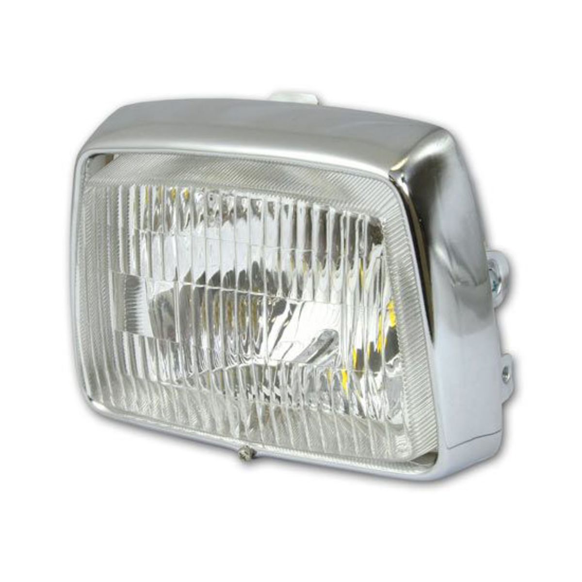 Chrome rectangular headlight with a clear glass lens, featuring vertical ridges and a 12V 25/25W specification, designed as a replacement for Honda C70/C90E CUB models.