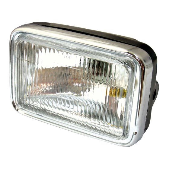 Rectangular chrome headlight with a clear glass lens, featuring a ribbed design and a 12V 25/25W specification, designed for Honda CB125TDC motorcycles.
