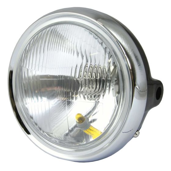 Round chrome headlight featuring a clear glass lens and a yellow halogen H4 bulb, designed for Honda CB250N motorcycles, with a black mounting bracket.