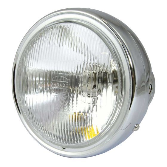 Chrome-finished round headlight with a 7-inch diameter, featuring a clear glass lens with ribbed texture and a single beam design, rated at 12V 60/55W.