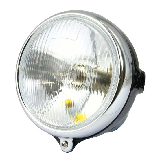 Round chrome headlight with a clear glass lens, featuring a ribbed surface and a central bulb, designed for Honda H100 CD125/185/200T motorcycles.