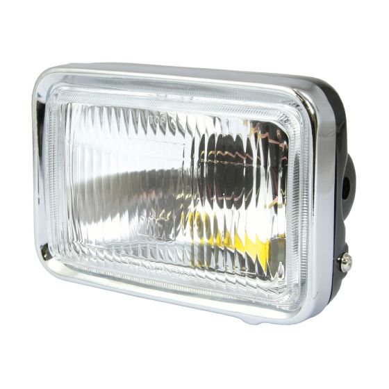 Rectangular chrome headlight with a clear glass lens, designed for 12V 60/55W, compatible with Suzuki GS125/ZR500, featuring a ribbed surface for enhanced illumination.