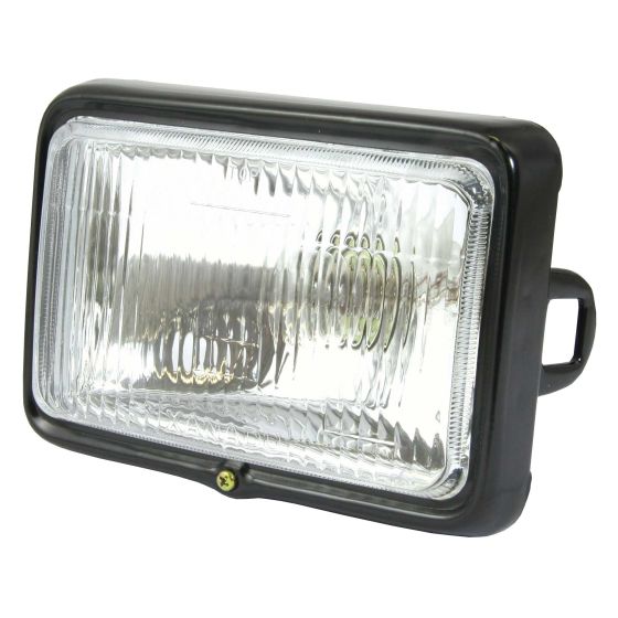 Black rectangular headlight with a clear lens, featuring a ribbed design and a mounting bracket, designed for Yamaha DT125LC, DR125R, and TZR250 motorcycles.