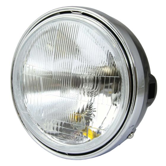 Round silver headlight with a chrome bezel, featuring a clear glass lens and ribbed surface, designed for Yamaha RD250LC/RD350LC, rated at 12V 60/55W.