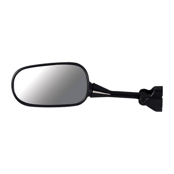 Left-hand motorcycle mirror for Honda, featuring a sleek black plastic frame, a reflective glass surface, and an adjustable mounting bracket.