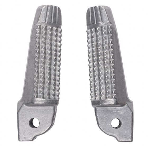 Silver alloy replacement footpegs with a textured grip surface and two mounting holes, designed for OEM fitment on BMW motorcycles, model #MCA-FR018 by Bike-It.