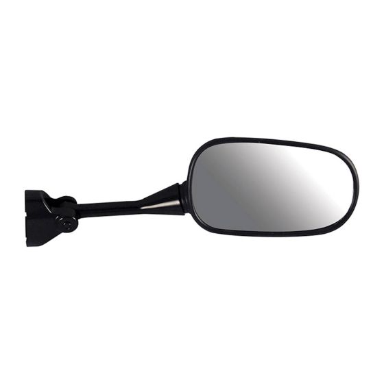 Right-hand motorcycle mirror in black, featuring a sleek design with a rectangular glass surface, suitable for Honda VFR800 models from 2002 to 2012.