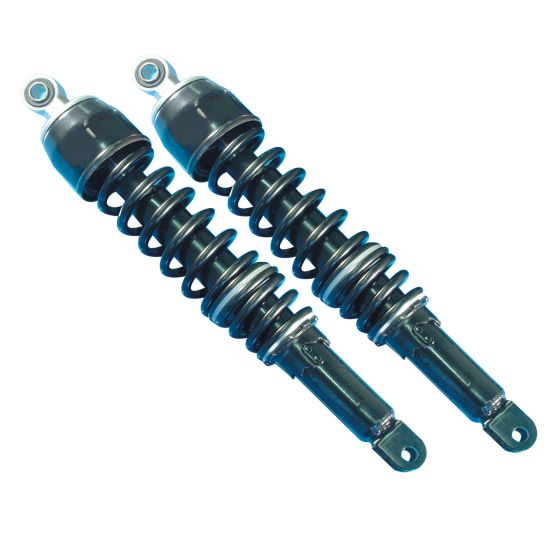 Black twin shock absorbers with a 245 mm length, featuring metal coil springs and eyelet mounts for easy installation on bikes.