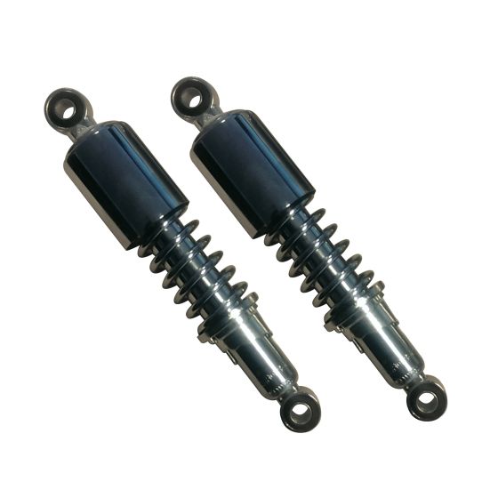 Chrome twin shock absorbers with a 270 mm eye-to-eye length, featuring black cylindrical bodies and coiled springs for enhanced bike suspension performance.