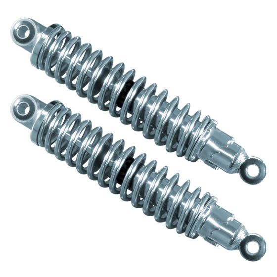 Chrome twin shock absorbers with a shiny finish, featuring coiled springs and eyelet mounts, designed for bikes with a length of 280 mm.