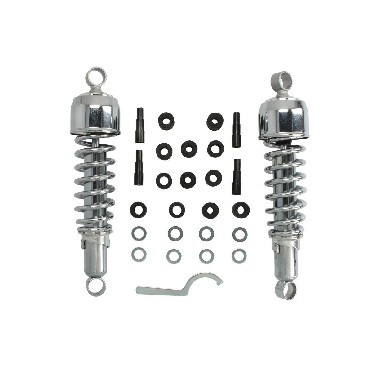 Chrome twin shock absorbers with a 305mm eye-to-eye fitting, featuring coiled springs, metal ends, and accompanying hardware including washers and spacers.