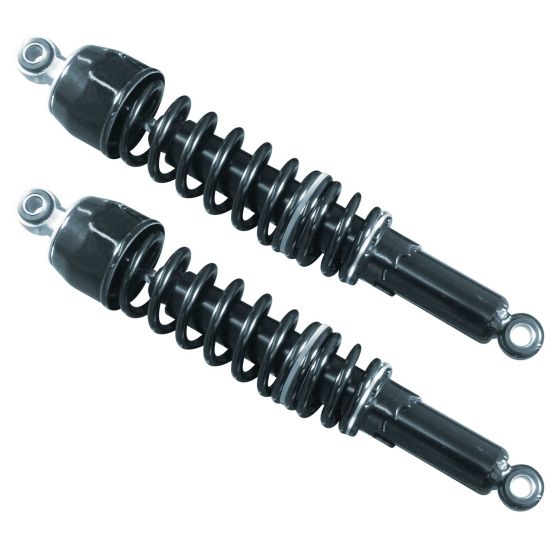 Black twin shock absorbers with a 320 mm eye-to-eye measurement, featuring a coiled spring design and metal ends for durability, designed for bike suspension systems.