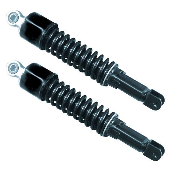Black twin shock absorbers with a 320 mm length, featuring a coiled spring design and metal ends, designed for improved bike suspension performance.