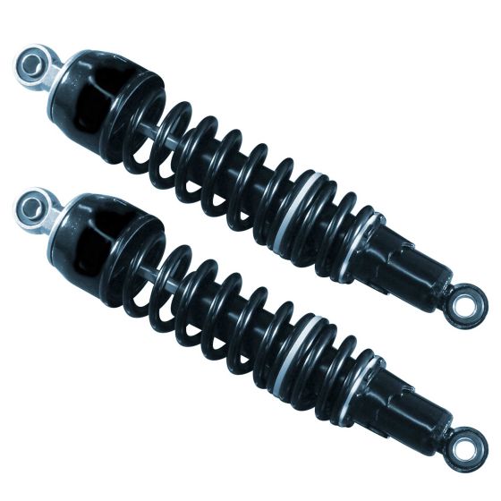 Black twin shock absorbers with a 325 mm eye-to-eye measurement, featuring a coiled spring design and durable construction for enhanced bike performance.
