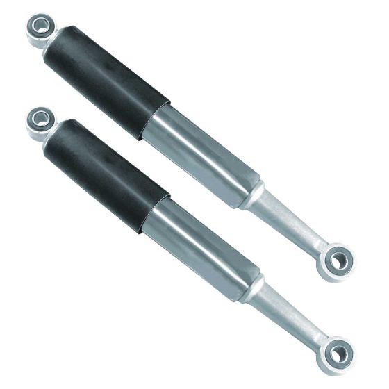 Black twin shock absorbers with a 330mm eye-to-eye measurement, featuring a silver metal body and rubber cushioning for enhanced performance on bikes.