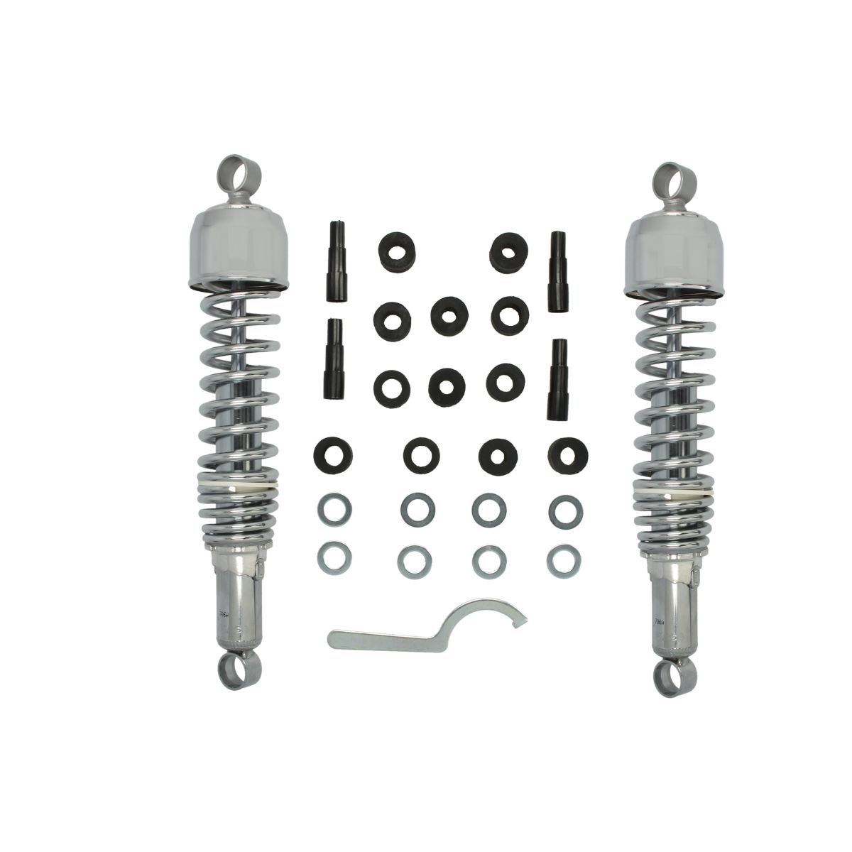 Chrome twin shock absorbers with a 365 mm length, featuring coiled springs, eyelet ends, and accompanying installation hardware including spacers and washers.
