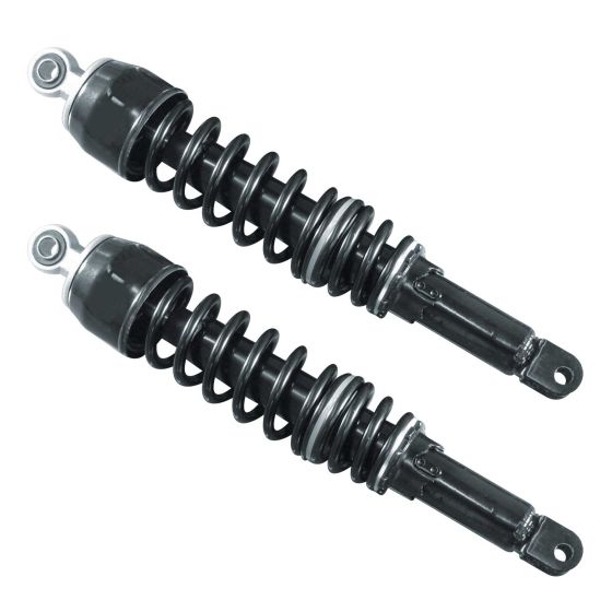 Black twin shock absorbers with a 365 mm length, featuring coil springs and metal components, designed for enhanced bike suspension performance.