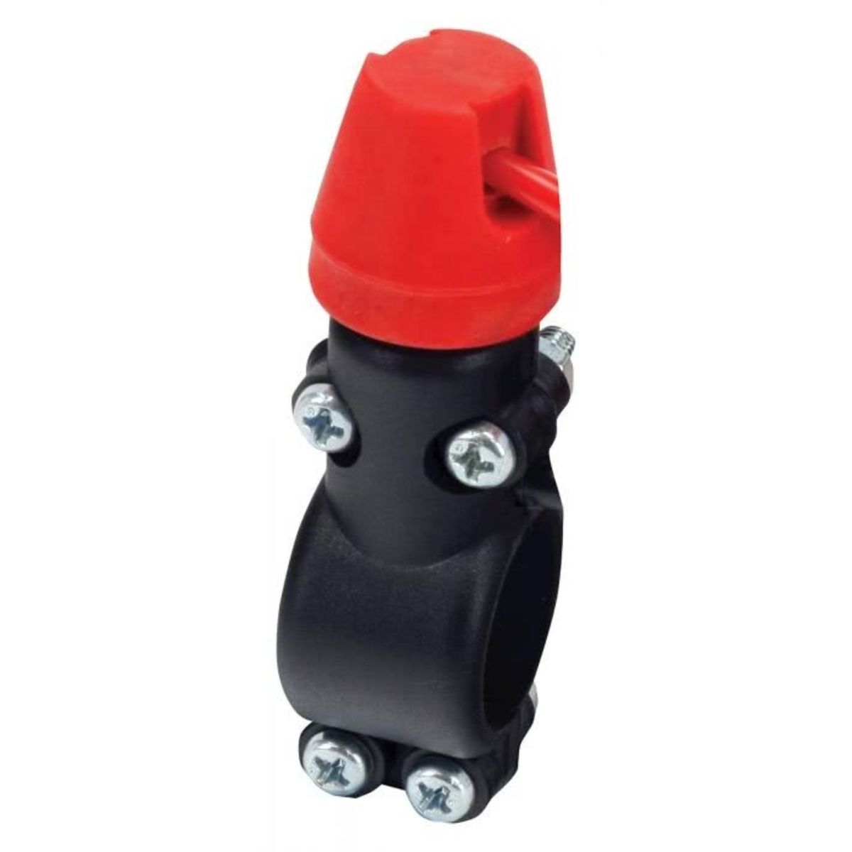Universal kill switch featuring a red plastic cap and a black rubber body, secured with silver screws, designed to complete the circuit when the tether is removed.