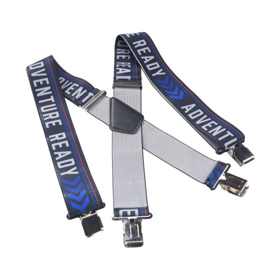 Blue and red "Adventure Ready" suspenders with adjustable straps, featuring a grey central piece and metal clips for secure attachment.