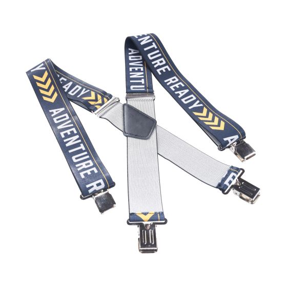 Orange and navy suspenders with "ADVENTURE READY" text, featuring durable clips and a central grey elastic strap for comfort and style.