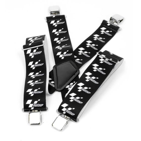 Black motorcycle suspenders featuring MotoGP branding, with checkered flag patterns, sturdy clips, and a padded back for comfort.