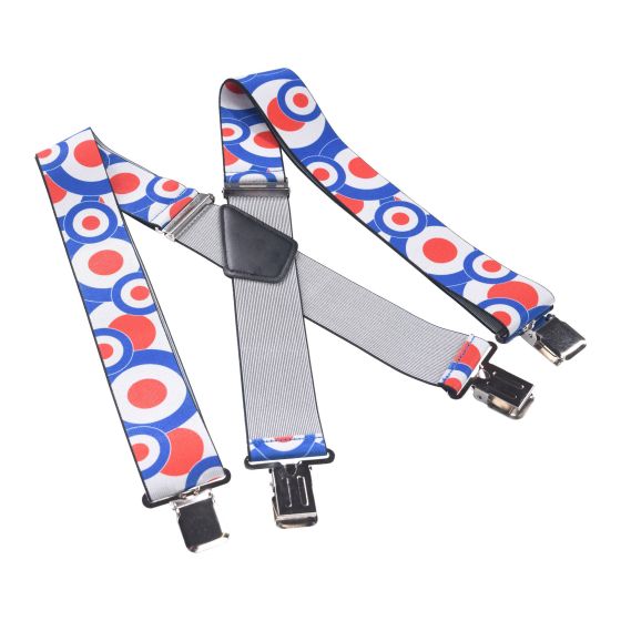 Colorful suspenders featuring a MOD/RAF roundel pattern in red, white, and blue, with adjustable straps and metal clips for secure attachment.