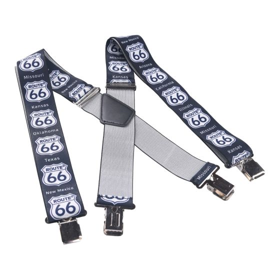 Black and blue suspenders featuring a "Route 66" design with state names, made of durable fabric with metal clips for attachment.