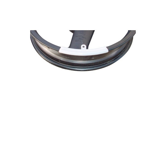 Black rim protector guards with a white stripe, designed to fit motorcycle wheels, showcasing a durable material for enhanced protection against damage.
