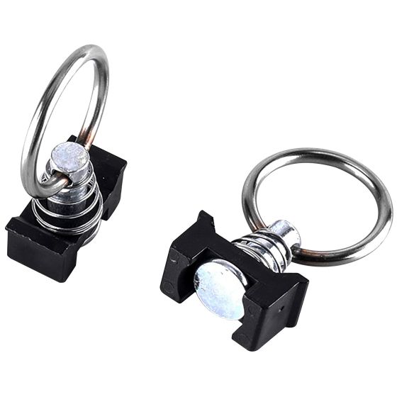 Black plastic ring bolt with a metallic spring and circular metal ring, designed for securing runner strips on bikes, featuring a sturdy and durable construction.