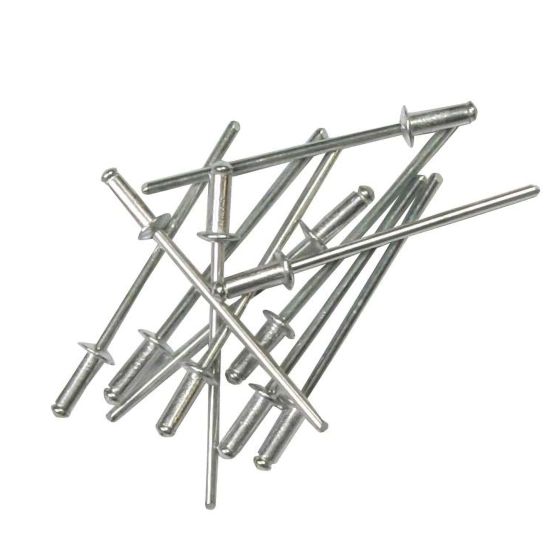 Silver metal rivets in various positions, featuring a cylindrical shaft and a flat head, packed in a collection of 50 pieces, each measuring 2.4 mm.