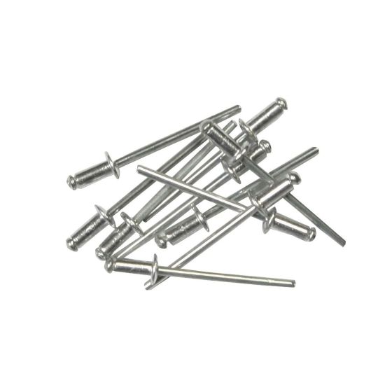 Silver metal rivets in various positions, featuring a cylindrical head and long shaft, packaged as a 50-piece set, each measuring 3.2 mm in diameter.