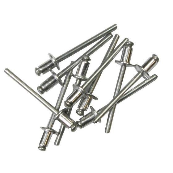 Silver metal rivets in various positions, featuring long shafts and rounded heads, packaged as a 50-piece set, each measuring 4.0 mm by Bike-It.