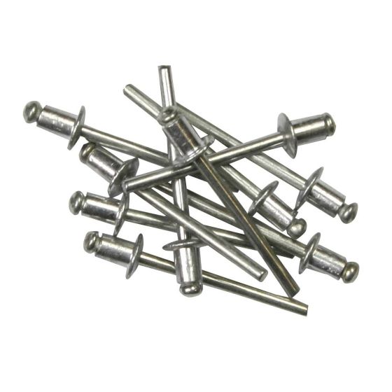 Silver metal rivets in various orientations, featuring a cylindrical head and a long shaft, packaged as a 50-piece set, each measuring 4.8 mm in diameter.