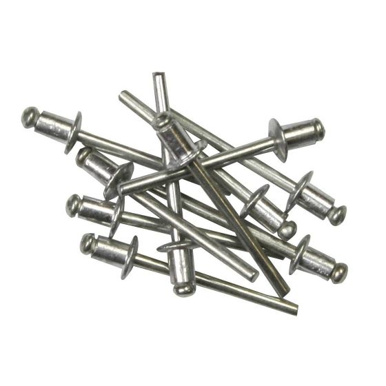 Mixed sizes of silver metal rivets in a pile, showcasing their cylindrical heads and long shafts, ideal for various DIY and repair projects.